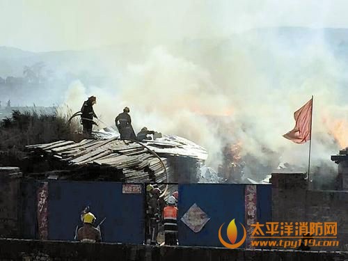 蔬菜大棚着火，消防员随时得提防脚下建筑物轰然倒塌