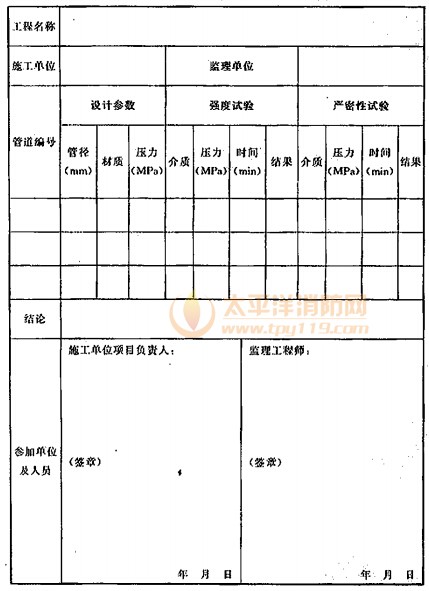 系统施工过程中的管道试压记录