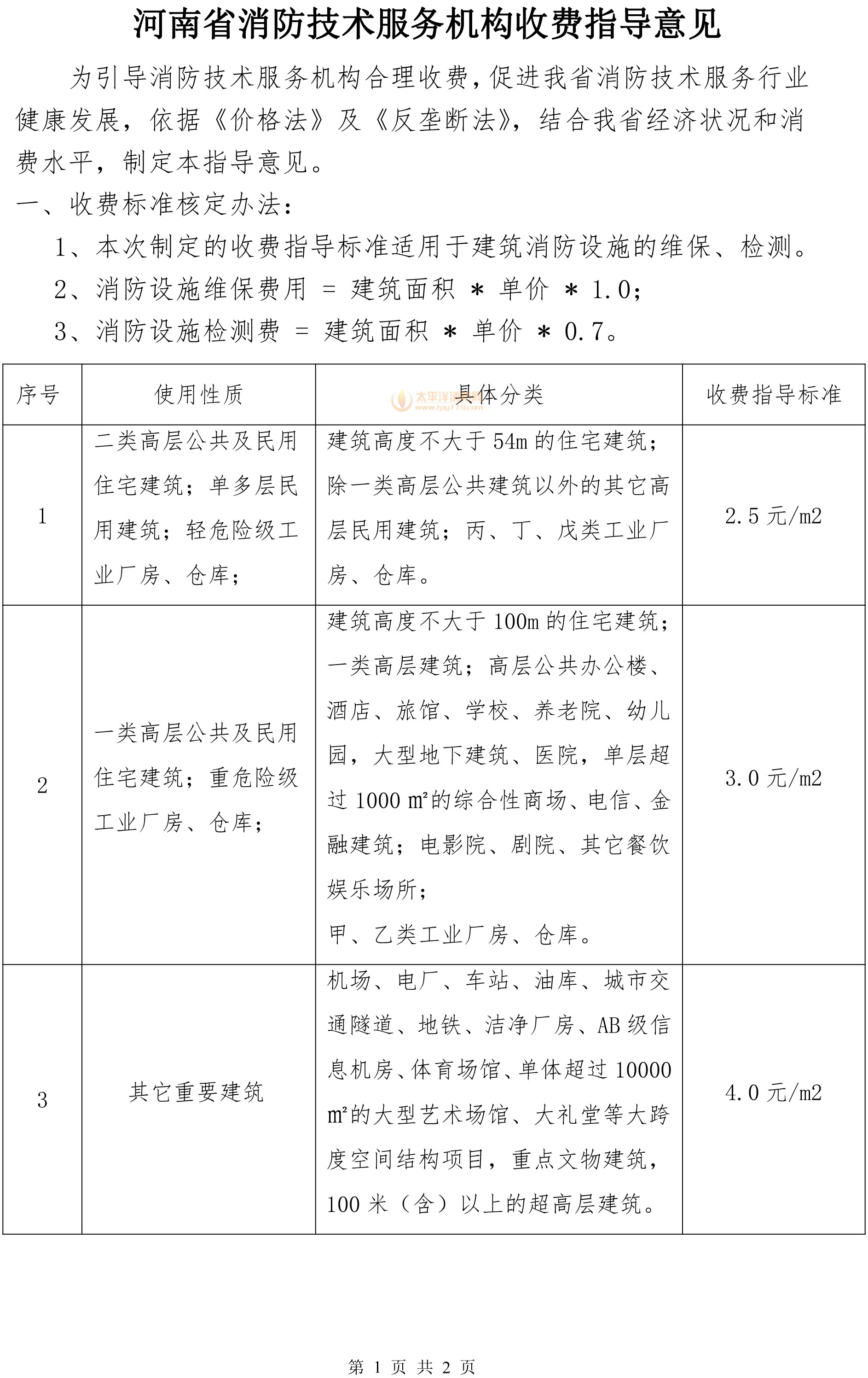 河南省消防维保检测收费指导价格